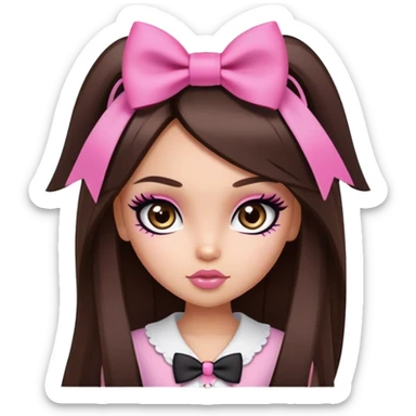 pretty bratz baddie, long straight hair brunette baddie with eyeliner and brown eyes and small pink bow sticker