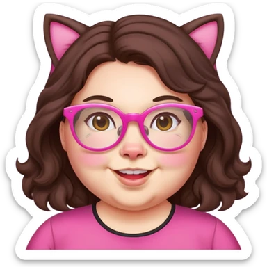 chubby English teacher, cheerful, pink cat glasses, wavy long dark brown hair, face only, classroom background, emoji style, hint of gamer personality sticker