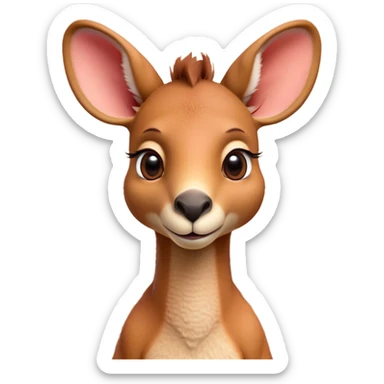 Cinematic Cute Adult Red Kangaroo Portrait Emoji, Head tilted playfully and inquisitively, showcasing a charming, robust build with soft reddish fur and a uniquely camel-like head featuring a gentle, elongated snout and rounded ears, with large, sparkling eyes full of wonder, Simplified yet irresistibly adorable features, highly detailed, glowing with a warm, friendly glow, high shine, affectionate and lively, stylized with a touch of outback whimsy, soft glowing outline, capturing the essence of a mischievous yet loving kangaroo that seems as if it could hop out of the screen into your arms! sticker