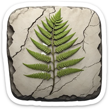 3D render of Fern Imprint, embedded in a chunk of rough sedimentary rock, cracked stone texture, ancient fossil aesthetic, black carbon imprint on a white limestone rock, matte dry finish, Apple emoji style, isolated on white background --v 6.0 sticker