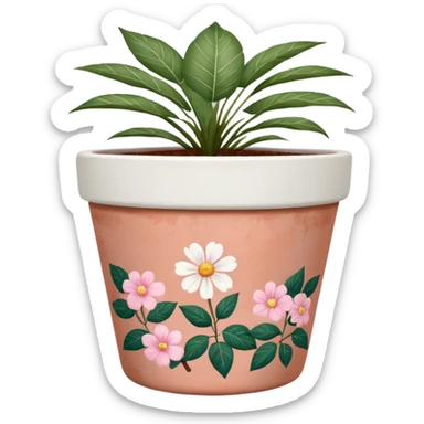 plant pot in terra cota with white and pink flowers print painted on the pot  sticker