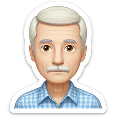 Skinny man in his 70s with fair skin. Long narrow face. Gentle light brown eyes. Fine straight white hair with light bangs touching eyebrows. Thin eyebrows. White goatee connected to mustache. Slender appearance. Wearing a light blue and beige checkered button-up shirt. sticker
