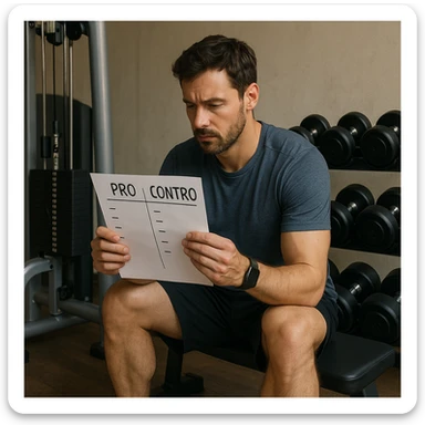 Realistic detailed scene of a man in sportswear sitting on a bench between an isotonic machine and a free weights rack, looking at a list of pros and cons written in Italian, atmosphere of choice, 4K quality. sticker