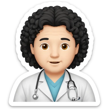a young chubby male doctor with black long curly hair and cheerful face without gpasses sticker