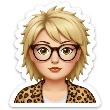  plus size white women dressed in leopard with short medium brown and blonde shaggy spiked hair wearing glasses with hazel color eyes and wide flat nose sticker
