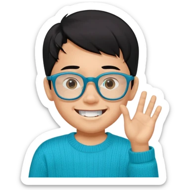 Chico de 7 años, pelo negro y repeinado, piel oscurita pero no mucho, gafas rectangulares azules, sonriente sin 1 diente, jersey verde turquesa y ojos algo rasgados sticker