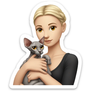 A white girl holds a sphinx cat in her arms sticker