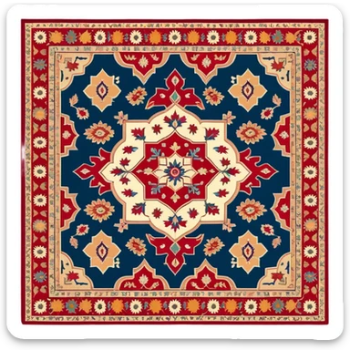 Cinematic Realistic depiction of a richly patterned Turkish carpet, rendered with exquisite details and vibrant colors, set against a soft, warmly lit background that emphasizes its artisanal craftsmanship sticker