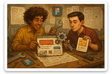 Two designers, one with curly hair and one with short dark hair, collaborating in a workshop filled with UI elements, tools like a wrench and ruler, and Figma icons. The environment is a mix of chaos and creativity as they repair and beautify old, messy UI components. sticker