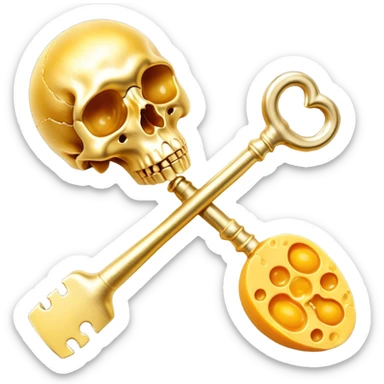K2-rich foods (cheese, egg yolk, natto) transforming into golden keys that unlock bone structures, guiding glowing calcium particles to strengthen the skeleton. The keys simultaneously block calcium from entering arteries, showing how vitamin K2 acts as a wise guardian of calcium distribution. sticker