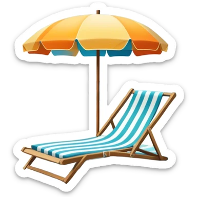 Icon for Beach Tourism: a sunny beach with the sea and waves, a lounge chair, a sun umbrella, and flip-flops on the sandy shore. The background should be a clear, vibrant ocean view with the sun shining brightly. Transparent background." sticker