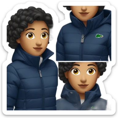 latina woman using Lacoste puffer jacket sticker