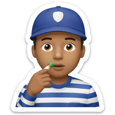 A black calm referee with striped shirt, wearing a sport cap while blowing a whistle, pointing clearly toward the field. sticker