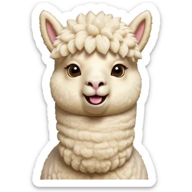Cinematic Comical Cream Alpaca Portrait Emoji, Head tilted dramatically with an exaggeratedly amused expression, featuring a striking, fluffy cream fleece with playful texture, wide, expressive gentle eyes filled with playful disbelief, Simplified yet hilariously expressive features, highly detailed, glowing with a slightly sassy glow, high shine, dramatic yet playful, stylized with an air of cheeky mischief, bright and endearing, soft glowing outline, capturing the essence of a spirited and over-the-top alpaca, so meme-worthy it feels like it could side-eye its way into internet fame instantly! sticker