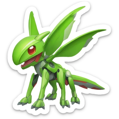 a shiny green Genesect-Flygon-Raptor-Fakémon—hybrid with a futuristic visor-helmet full body sticker