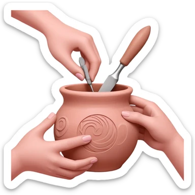 hands using pottery tools to add texture to pink clay, showing various texture tools creating patterns sticker