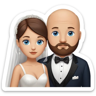 blue-eyed overweight bald man with a beard in a tux and brunette bride with brown eyes sticker