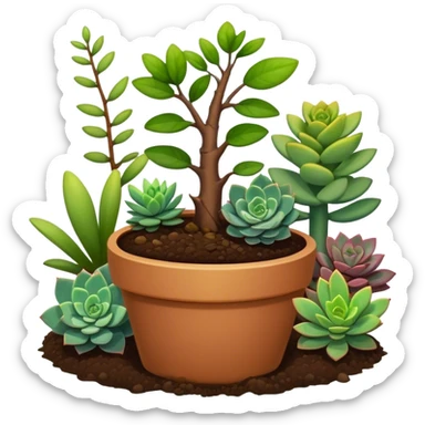 Close-up of a potted sapling in rich soil surrounded by vibrant plants and succulents. Bright sunlight filters through the window, casting soft shadows. Nearby gardening tools rest on a wooden table. Cozy indoor atmosphere with greenery and flowers. sticker