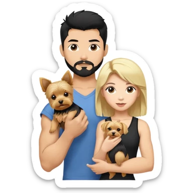  Blonde female.  Holding a blonde yorkie. Dark haired Korean Asian handsome man with black pointy hair full goatee and biceps sticker