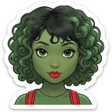zombie girl with curly black hair and red streaks, memoji style, cute appearance sticker