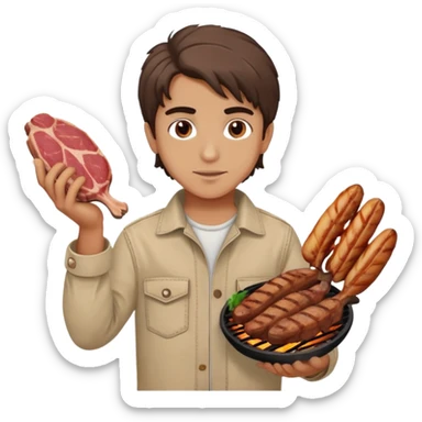 Turkish beautiful finish Konya boy good hair and brown eyes with beige denim clothes and had on his hand grilled meat sticker