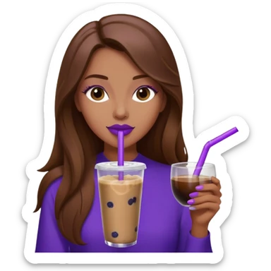 girl with long brown hair and wine lipstick drinking a blueberry butter pecan iced coffee with a purple straw  sticker