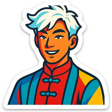 white haired handsome Chinese man in vibrant toon style, colorful and lively sticker