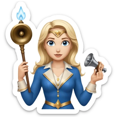 Blonde blue eyes Wonder Woman holding bell and short white orchestra conductor’s baton  sticker