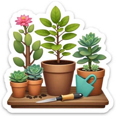 Close-up of a potted sapling with vibrant flowering plants around it, in rich soil. Sunlight filters through the window, casting soft shadows. Cozy indoor garden with blooming flowers, succulents, and gardening tools placed neatly on a wooden table. sticker