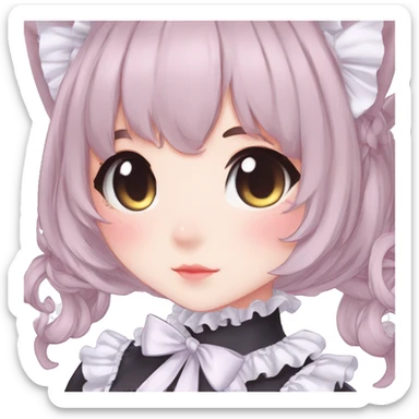Gorgeous anime style catgirl with blushing face with maid outfit laces gothic Lolita idol model kawaiicore pastelcore cottagecore pearly petite simplistic aesthetic trending style sticker