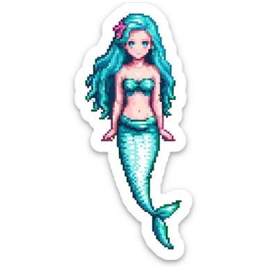 full length mermaid with pink hair, blue eyes, turquoise green tail sticker