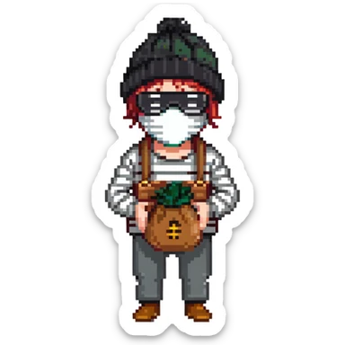 burglar with black and white striped shirt, black beanie, black mask over eyes, holding a moneybag sticker