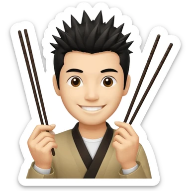 Make it a vietnamese male with spiky black hair hold a pair of chopsticks sticker