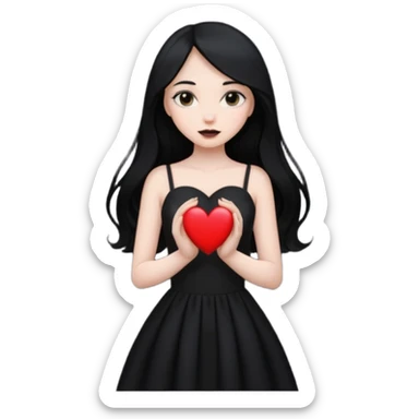 Pale girl with long black hair and black dress with holding black heart sticker