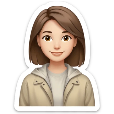 smiling face with soft straight brown hair swept to one side, warm and creative eyes, wearing neutral-toned aesthetic clothing including light oversized jacket and artistic tee, expression conveys positive energy style and originality sticker