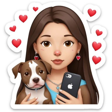 Young girl with long dark brown layered hair hair sits with her one dog who is a pretty girl pitbull with her cell phone in her hand in a small septum ring in her nose was hearts flying all around her sticker