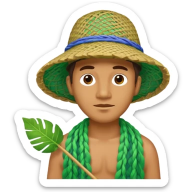 Hawaiian man with colorful cloth and leaf hat green and fishing net sticker