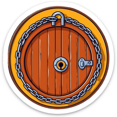 A rusty chain wrapped tightly around a round wooden hobbit-style door with a large padlock sticker