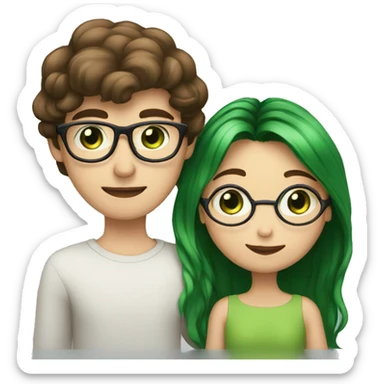A heavy set boy with brown hair blue eyes and a mustache is kissing a green haired girl who is thin with green eyes and wearing glasses sticker