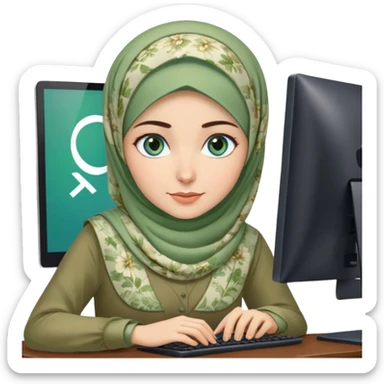 Turkish beautiful finish Konya girl blue eyes and green khaki hijab and light green floral dress and she work on office with computer sticker