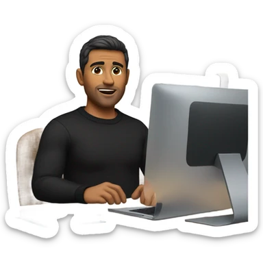     memoji of a man with a laptop in front, apple-style,modern,dark hair,light bear,black sweater,computer in hand,sitting on his desk  sticker
