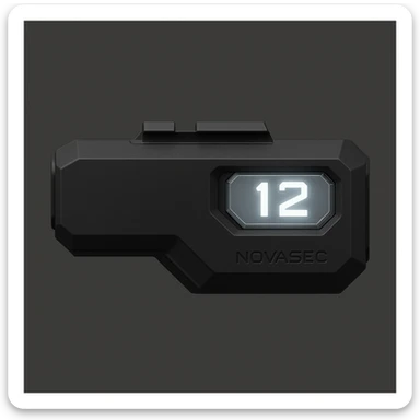 3D-rendered orthographic right view of the NOVASEC LUMA 12 underbarrel firearm attachment: compact, single-piece black matte module, elongated rectangular shape with beveled edges, glowing white prism-shaped ammo counter displaying '12' with cut corners and transparent cover, attachment rail insert on top, minimal tactical design, subtle NOVASEC branding, dark neutral background, soft lighting, no perspective or tilt, technical reference style sticker