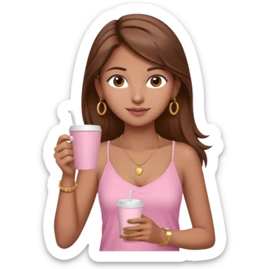 a pretty fair indian bratz girl with brown hair. with a pink cami top, drinking takeaway brown coffee, golden dainty necklace and carrying a white macbook sticker