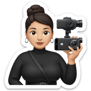 middle aged, latina plump woman photographer with dark hair, slicked back in a bun, wearing black clothes, carrying a canon r5, and an iPhone on a gimbal sticker