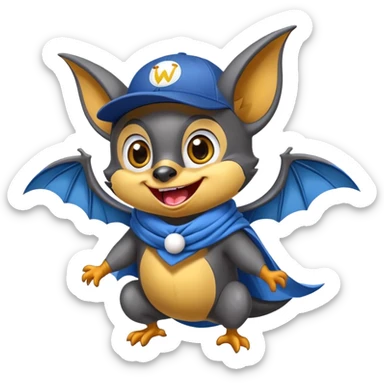 Friendly flying fox bat mascot with cheerful mischievous expression, large spread wings, big expressive eyes with playful glint, smiling mouth showing small fangs, wearing yellow and blue scarf wrapped around neck, blue baseball cap tilted to one side, dark grey body with white highlights, circular composition sticker