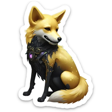 Black iridescent dog fox zombie skeleton gold mechanical nebula galaxy stars flowers fairy lights vintage sticker