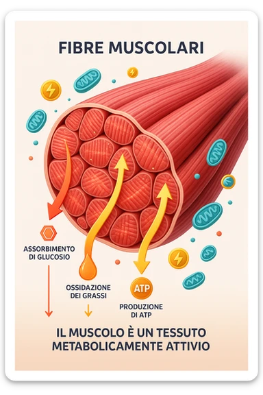 a highly detailed cross-section of human skeletal muscle fibers, shown in vibrant red and pink tones, with visible striations and realistic texture. Glowing arrows and animated icons represent active metabolic processes—such as glucose uptake, fat oxidation, and ATP production—occurring within the muscle tissue. Surrounding the muscle, floating symbols for mitochondria and energy highlight its metabolic activity. The background is clean and clinical, with subtle labels and infographics explaining that muscle is a metabolically active tissue. The overall style is modern, scientific, and visually engaging, suitable for educational or medical use. in italiano sticker
