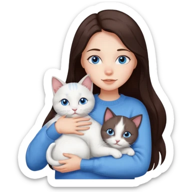 a girl with long dark 
brown hair, with blue eyes, in a
white sweater, hugs 3 different natural coloured cats sticker
