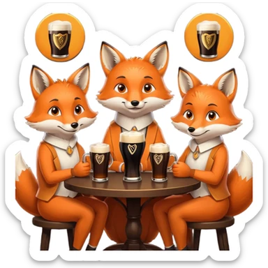 Three foxes sitting at a round table drinking Guinness sticker