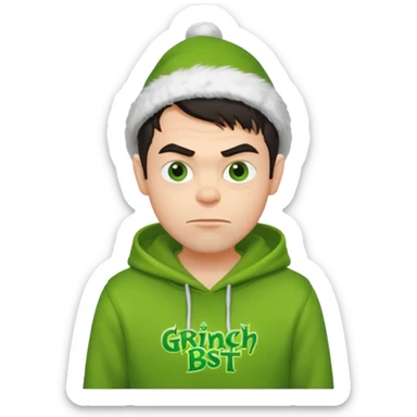 Create an avatar of white European with dark hair  male in hoodie with ``BST`` letters on it. Make background to look like from movie Grinch sticker